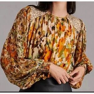 Blank London Anthropologie Sequin Embellished‎ Gold Blouse L Floral Boho Cropped